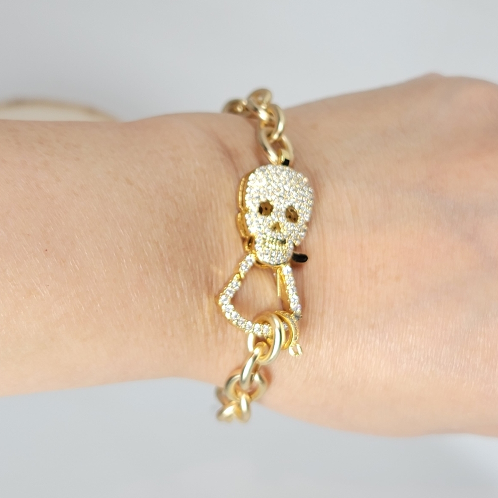 Bling Skull Pave CZ Gold Chain Bracelet NEW - Picture 7 of 10
